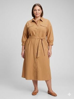 Future Collective Pinstripe Belted Midi Shirt Dress in Camel Tan